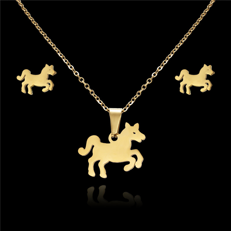 Rinhoo Dier Vlinder Rvs Hanger Ketting Sets Voor Vrouwen Kat Visgraten Ketting Oorbellen Sieraden: Horse-1