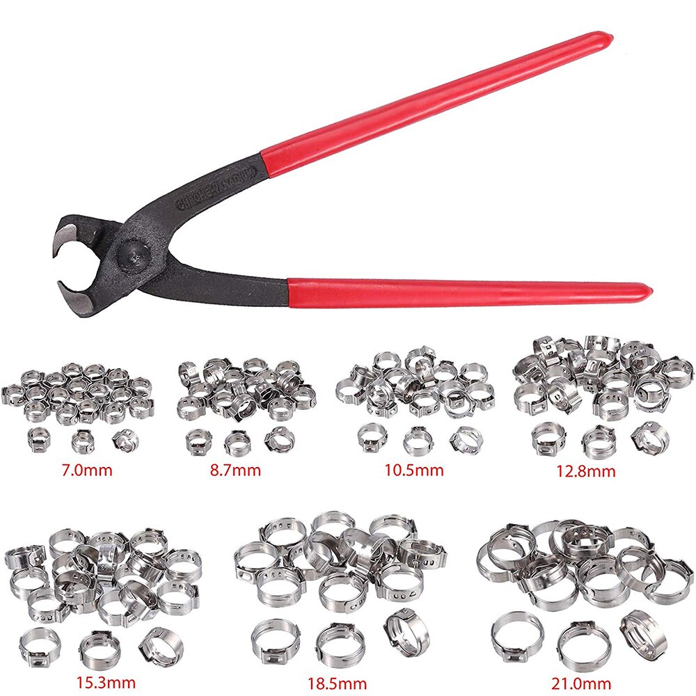 Crimpadora de abrazadera de manguera continua de un solo oído con abrazaderas Cinch de acero inoxidable, Kit de herramientas de prensado de manguera Universal, 131 Uds.: 131pcs