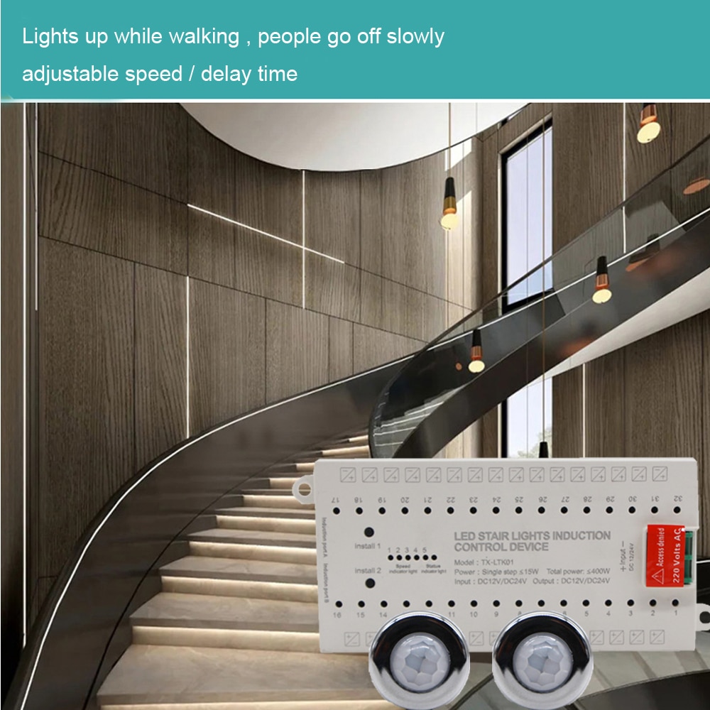 Opgradering pir bevægelsessensor trappelys 32 kanals dæmpning dupont led strip automatisk indendørs trappecontroller natlys 12v