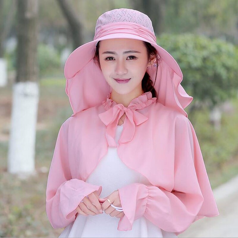 SUOGRY-Sombrero de sol con agujeros para mujer, Anti UV de protección solar, traje con chal