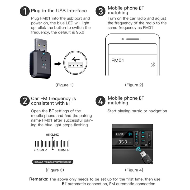 Car wireless bluetooth  v 5,1 transmitter usb  dc 5v fast adapter  fm 95,0 mhz mobile phone hands-free call converter car