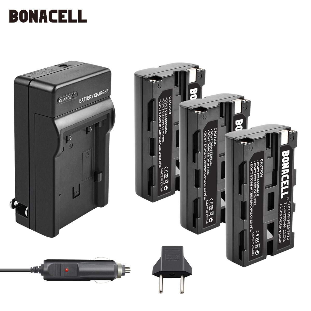 Bonacell NP-F550 NP F570 NP-F530 NP-F570 NP F550 NP-F750 Batterie 2900mAh + Chargeur De Voiture pour Sony CCD-SC55 CCD-TRV81 MVC-FD81 L70: 3X Battery-Charger