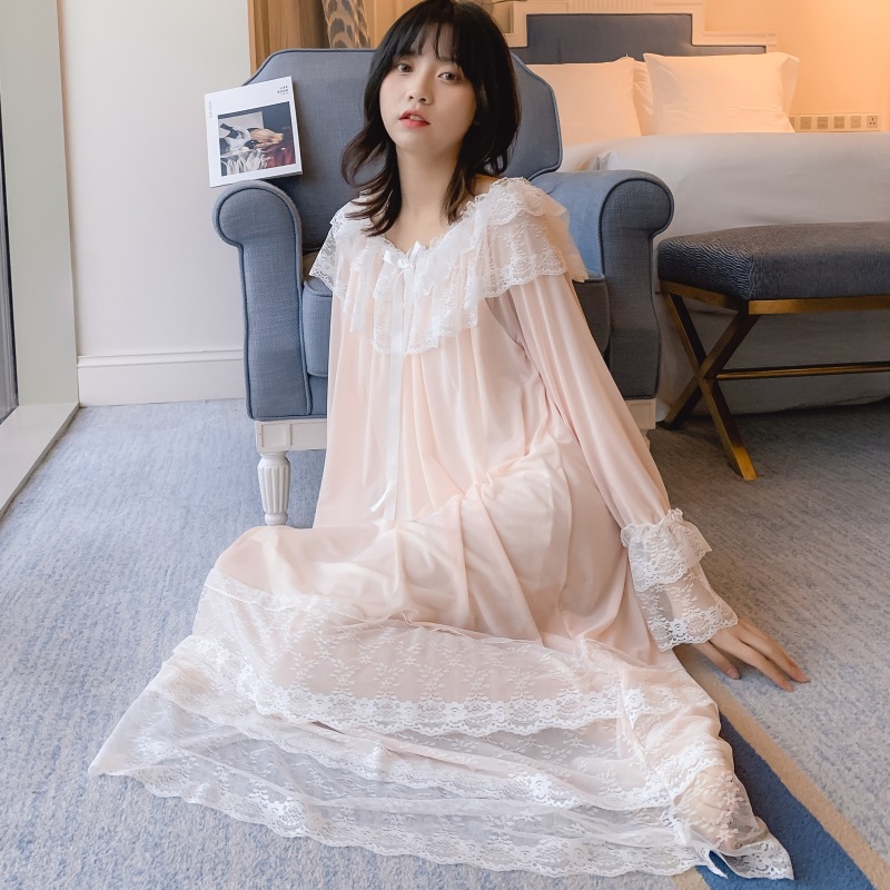 Vrouwen Lolita Night Jurk Prinses Nachtkleding Multilayer Kant Mesh Romantische Vintage Victoriaanse Nightgowns Nachthemd Lounge Wear: Roze / M