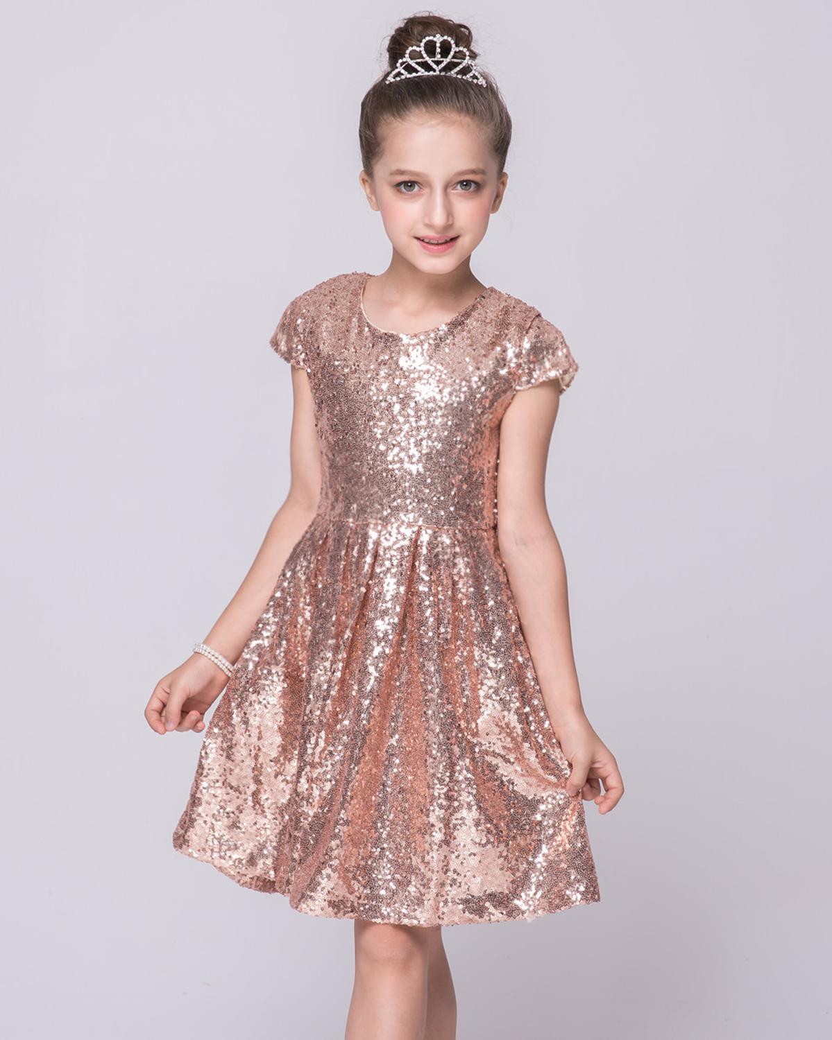 Sequin Short Sleeve Baby Girls Dress Toddler Kids Birthday Party Sparkle Glitter Dress Flower Girls Dress Pageant Wedding Dress