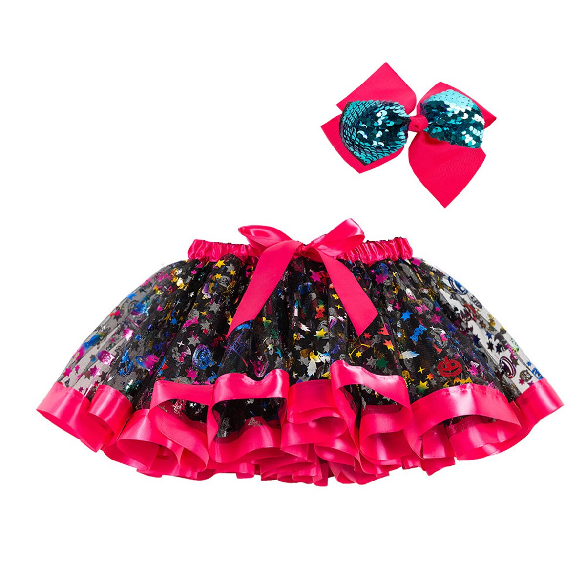 Baby Meisje Tutu Rok 2 Stuks Tule Kant Bloeiers Luier Cover Mesh Rok Halloween Multi-Gelaagde Prinses Lovertjes Strik hoofdband: Roze / 5-8 Years
