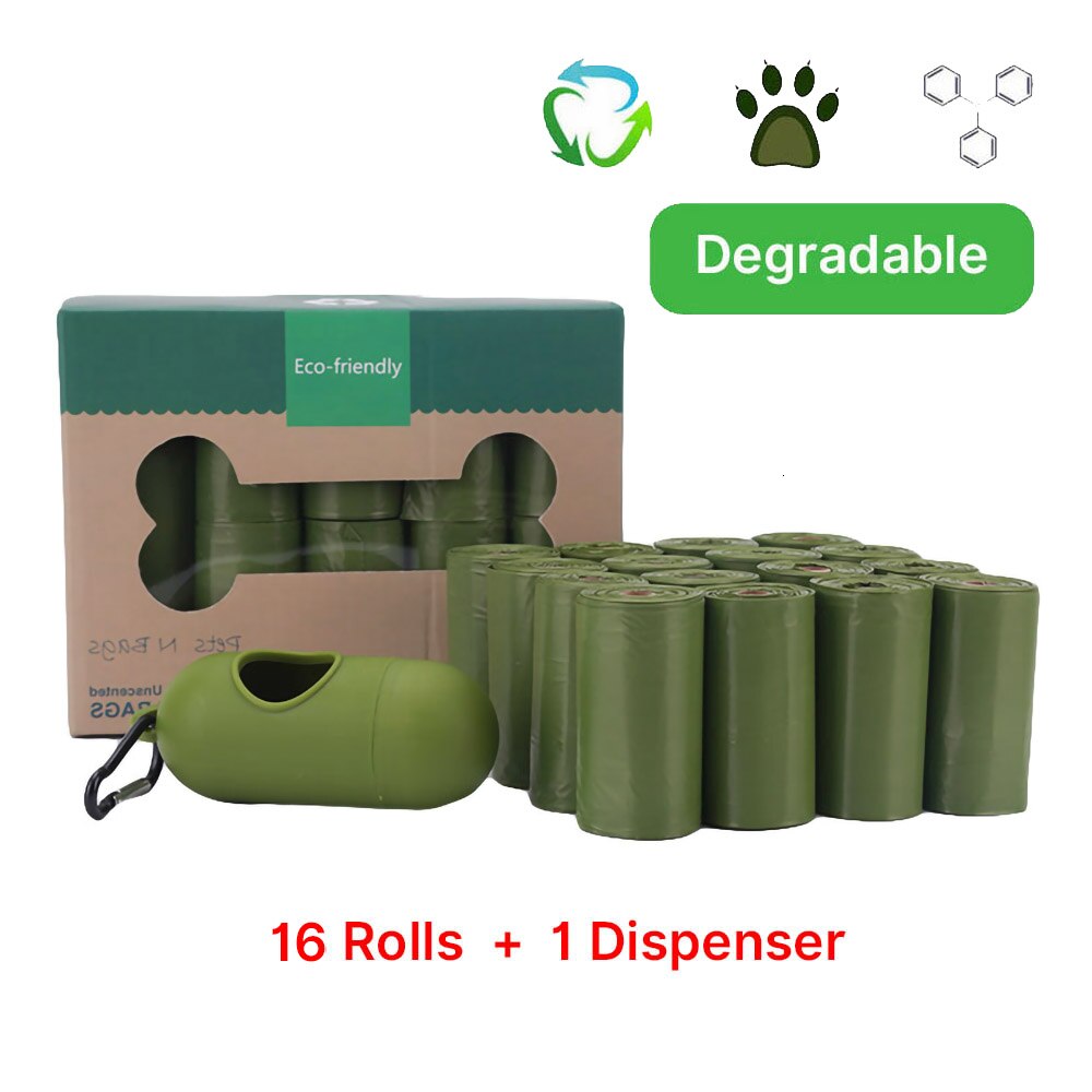 Biologisk nedbrydelige hundepokposer miljøvenlig kæledyrsaffaldsdispenser udendørs transportør kæledyrspokeposer tilbehør til hundevandring: 16 ruller grøn