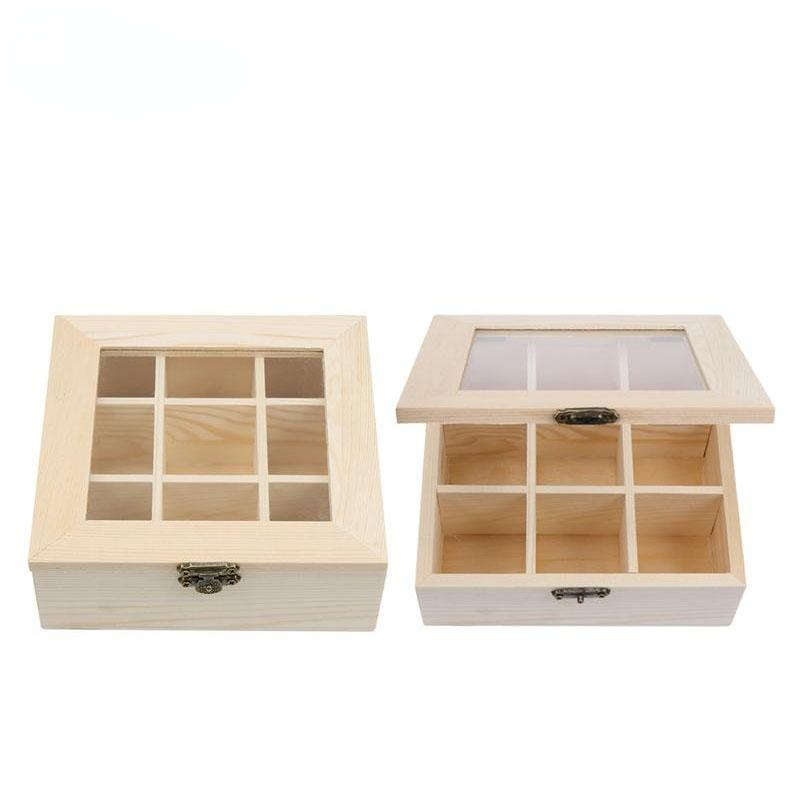 Coffee Storage Box Organizer Wooden Tea Box with 9-Compartment and Glass Window Tea Coffee Display Case Tea Bag Chest No Letters