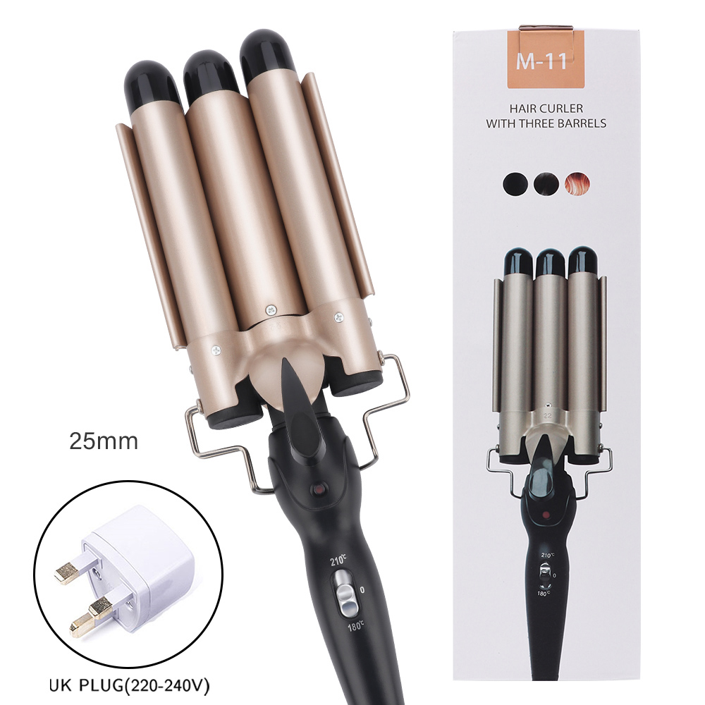 Prancha modeladora de cachos profissional, aparelho de ferro e cerâmica para encaracolar e ondular o cabelo, modelador de cabelos com três cilindros: 25MM UK PLUG