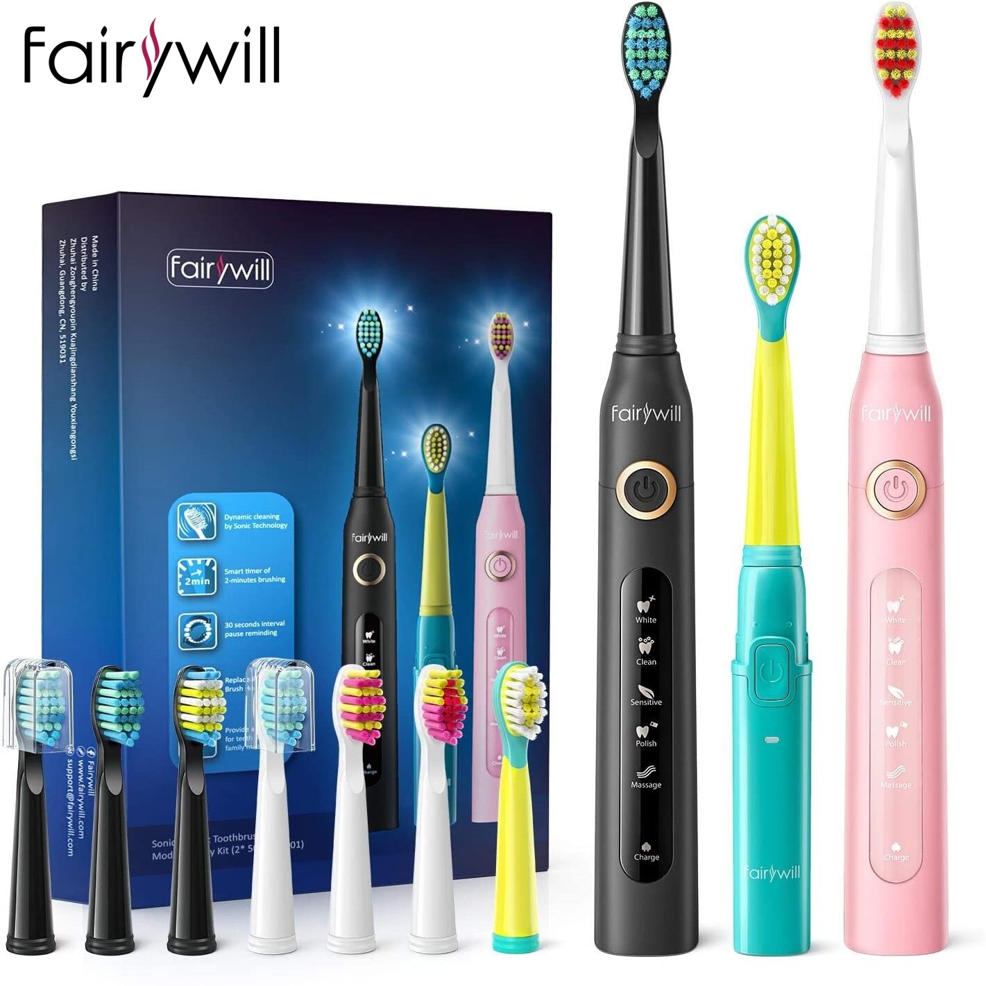 Fairywill FW-507 Electric Sonic Toothbrush Waterproof USB Charge Rechargeable Adult Electronic Tooth 8 Brushes Replacement Heads: AE-FW507Dual-2001BE