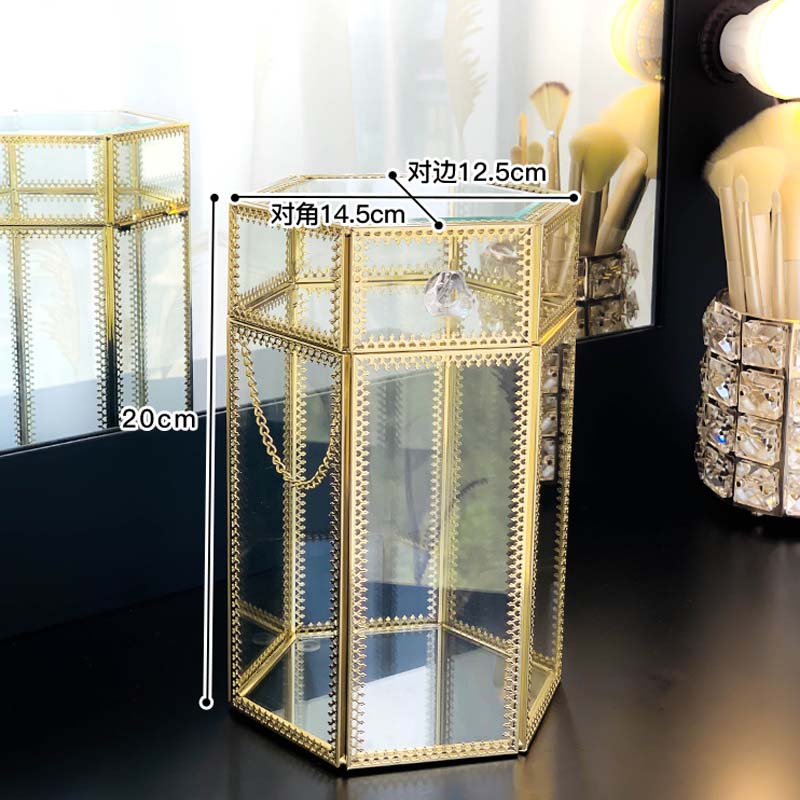 HUNYOO Glas en Metalen Parfum Flessen Make Borstels Houder Parels box Vierkante Gouden Make-Up Kwasten Parels Organizer Met deksel
