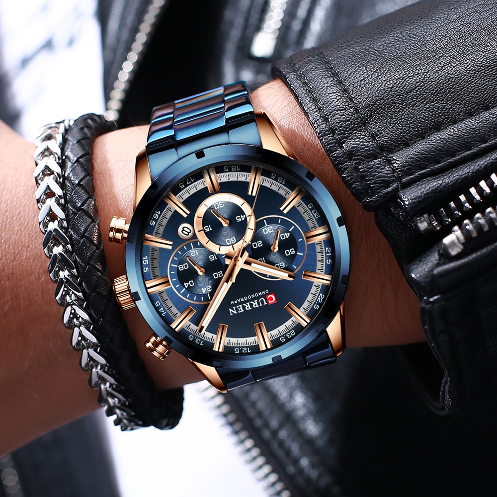 Curren Mannen Horloge Blauwe Wijzerplaat Roestvrij Stalen Band Datum Mens Business Mannelijke Horloges Waterdicht Luxe Heren Horloges Voor mannen