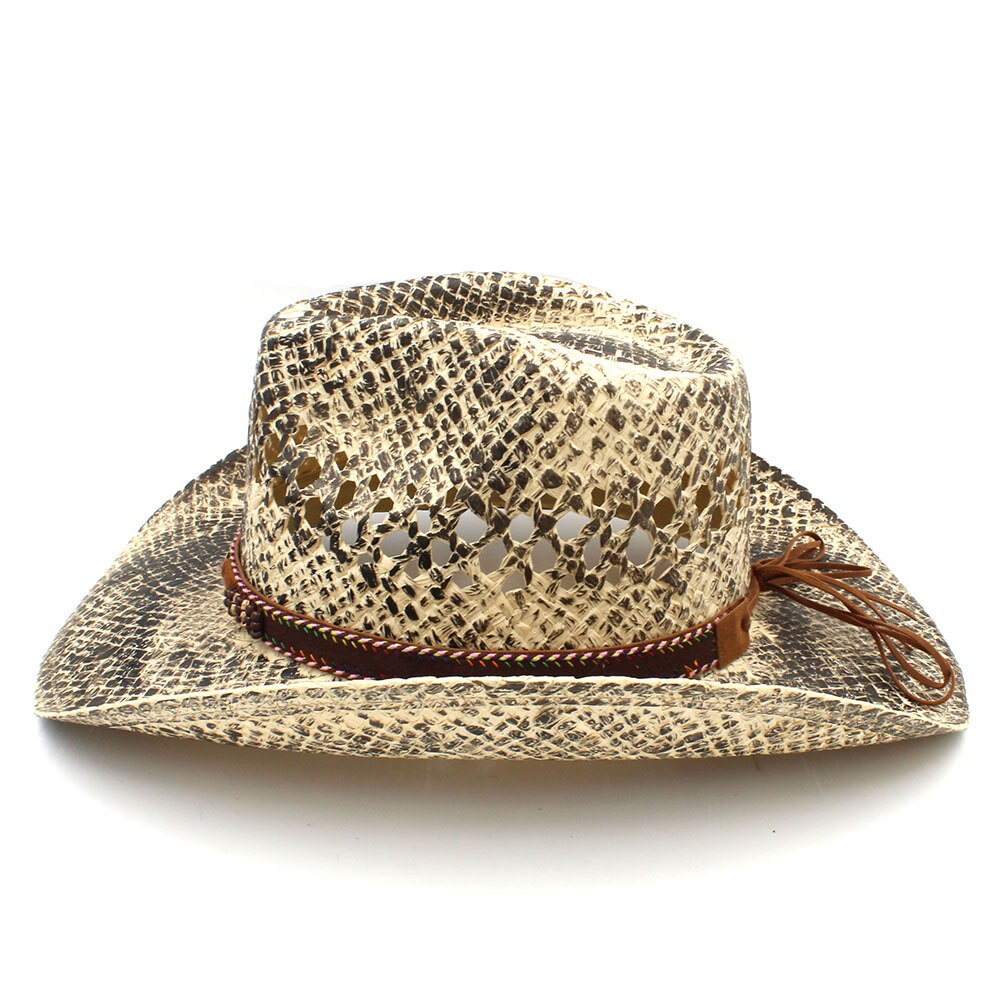 Sombrero de paja para Hombre y mujer, Sombrero de cowboy hecho a mano del Oeste, Sombrero de playa tejido para Hombre, Sombrero de Jazz para vaquera, cinta de hojas Punk, tamaño 56-58CM