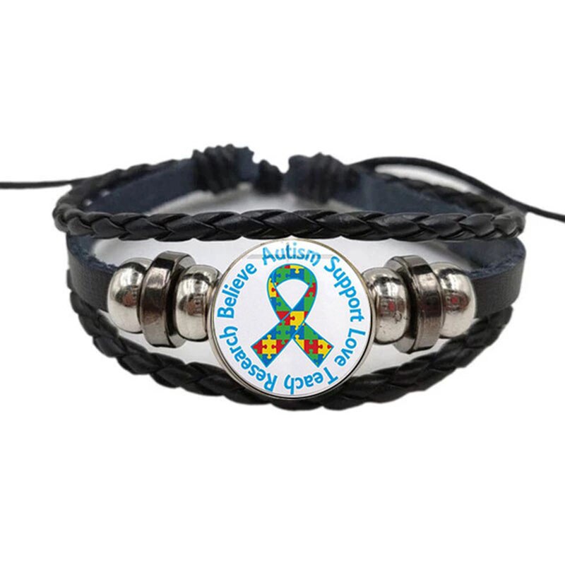 Puzzle Autism Awareness Bracelet Puzzle Ribbon Glass Picture Woven Leather Survival Bracelet Love Hopeful Jewellery: 2