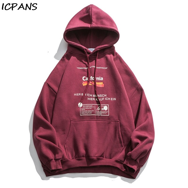 ICPANS Loose Print Letter Fleece Men Hooded Sweatshirts Winter Autumn Mens Hoodies Red Black Hip Hop Streetwear