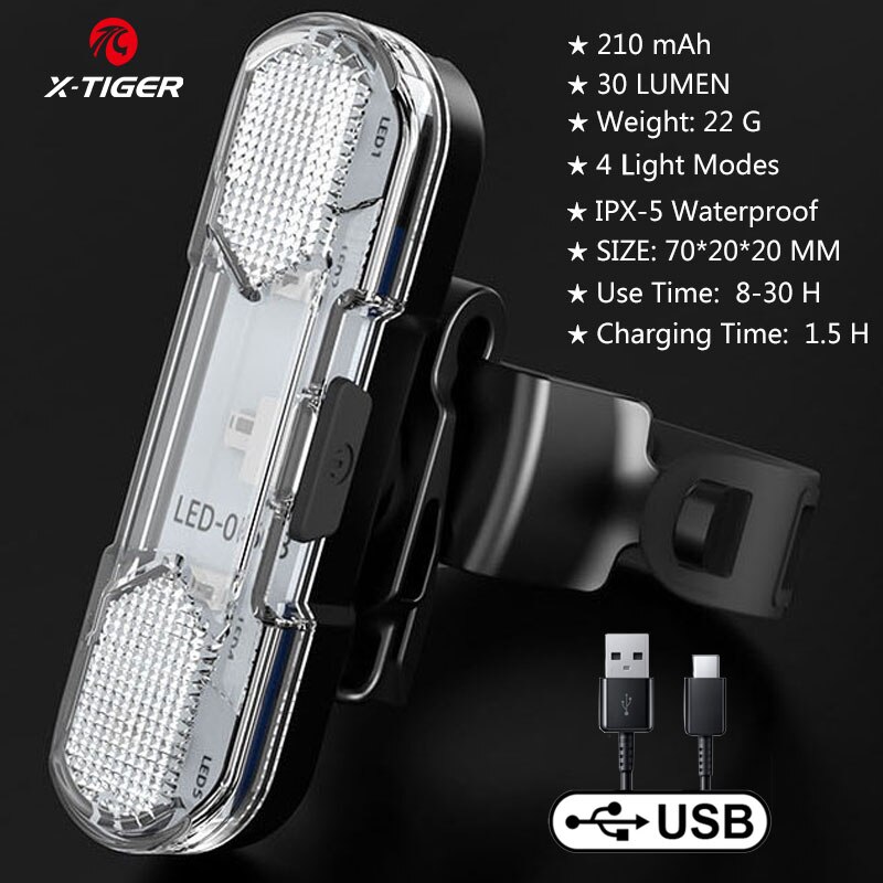 X-TIGER Fietsachterlicht Waterdicht MTB-fietslicht USB Charge LED Fietsachterlicht Flitsstaart Veiligheidsfietswaarschuwingslampje: Rood