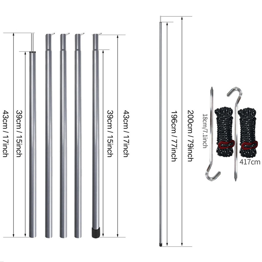 impostato di pali per tenda telescopici da 2 m, impostato di 2 pali pieghevoli da campeggio leggeri e regolabili per escursioni a baldacchino da passeggio: Grigio