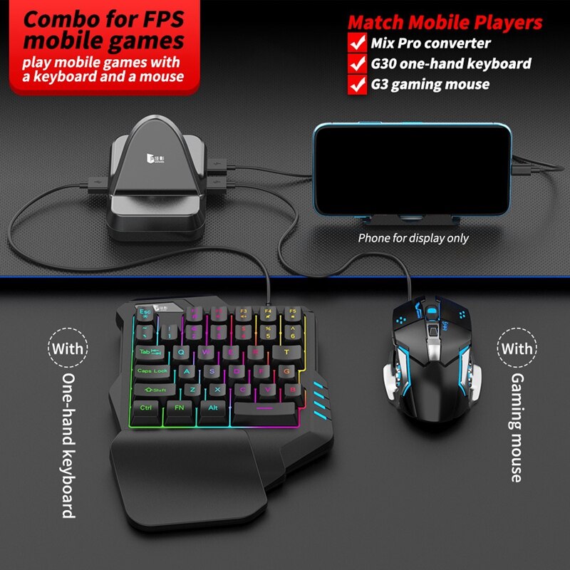 -GAMWING Nex Pro Converter Set with RGB Mechanical Game G30 One-Handed Keyboard and G3 Mouse for Android / IOS 13.4 and Below