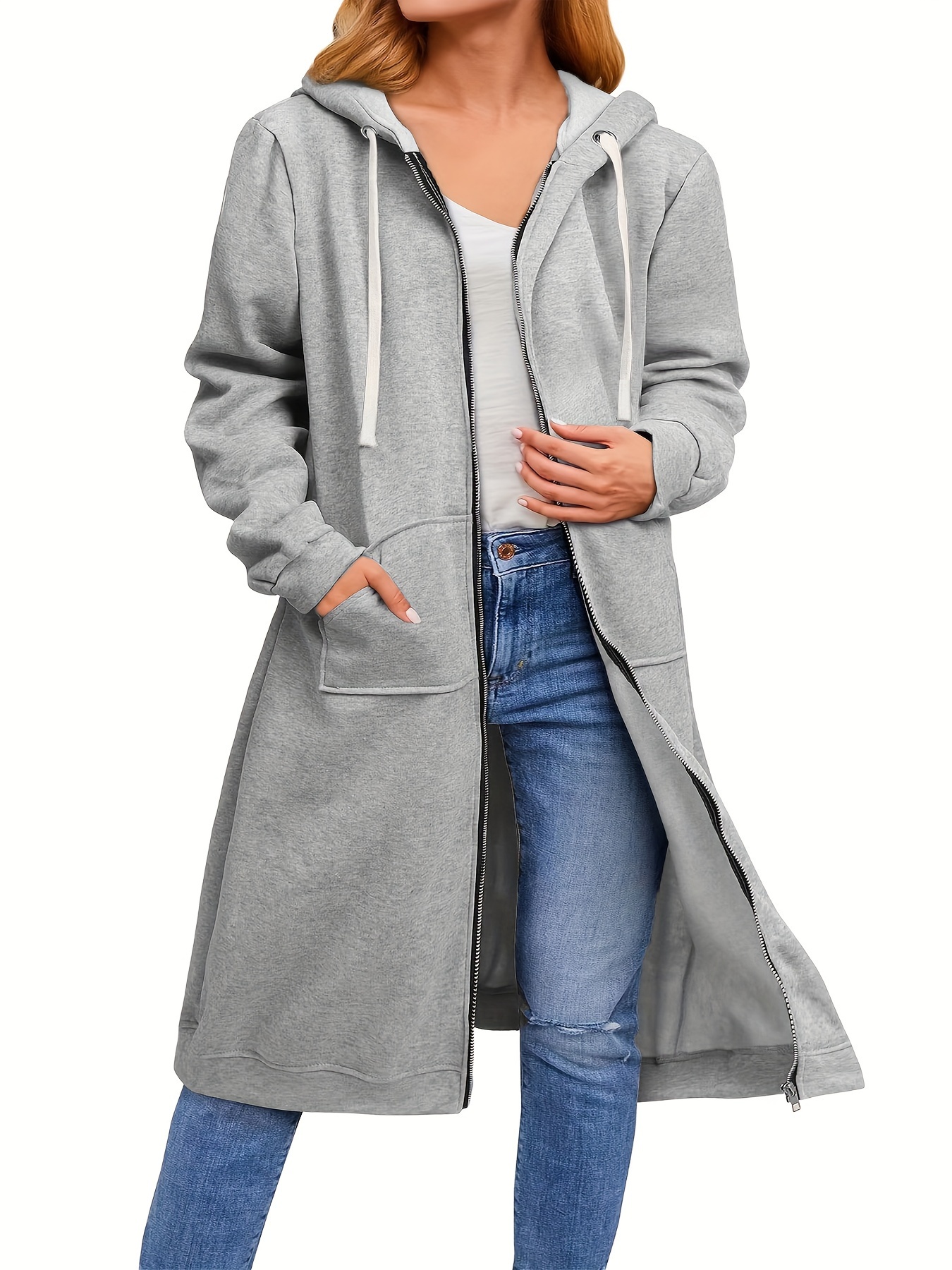 Plus-Größe-Kapuzenpullover für Damen, lässige Kapuzenpullover mit durchgehendem Reißverschluss, bequeme lange Damen-Kapuzenpullover, modische Sweatshirts mit Taschen: 4XL / Grau