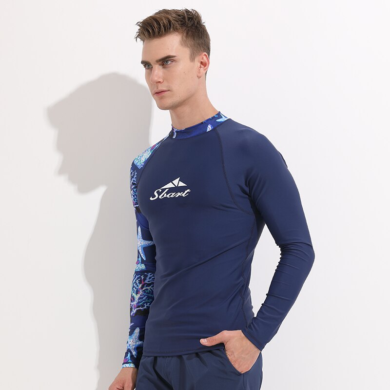 Men's Long Sleeve UPF 50+ Baselayer Skins Compression Rash Guard Shirt Crew Neck Print Tee Suit for Swim Surfing Snorkeling