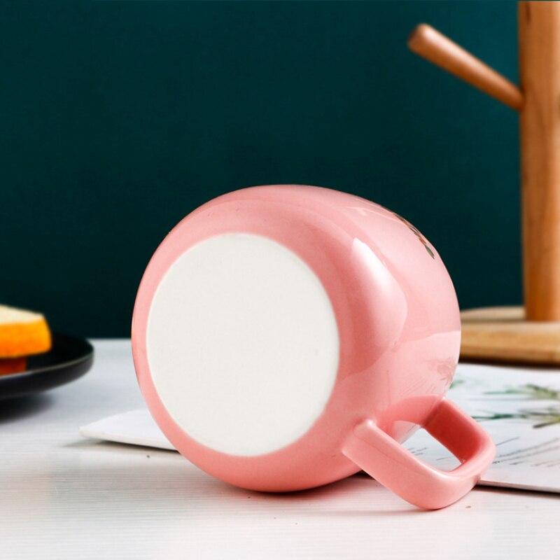 Cute Pink Ceramic Coffee Mugs with Cover Lid Spoon Porcelain Handle Milk Tea Girl Student Cup Lovers Teacup Mug 250ML