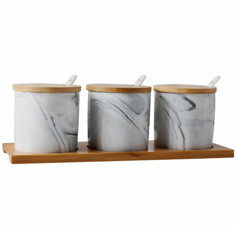OnePine Lot de 2 Céramique Sucrier Rond Seasoning Containers Pot à épices Sel Spice Jar Condiments boîte avec Cuillère et Plateau en bambou