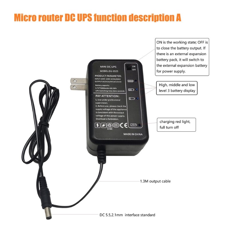 Rechargeable 5000mAh 5V 9V 12V DC Output UPS Battery Pack for WiFi Router LED R9UA