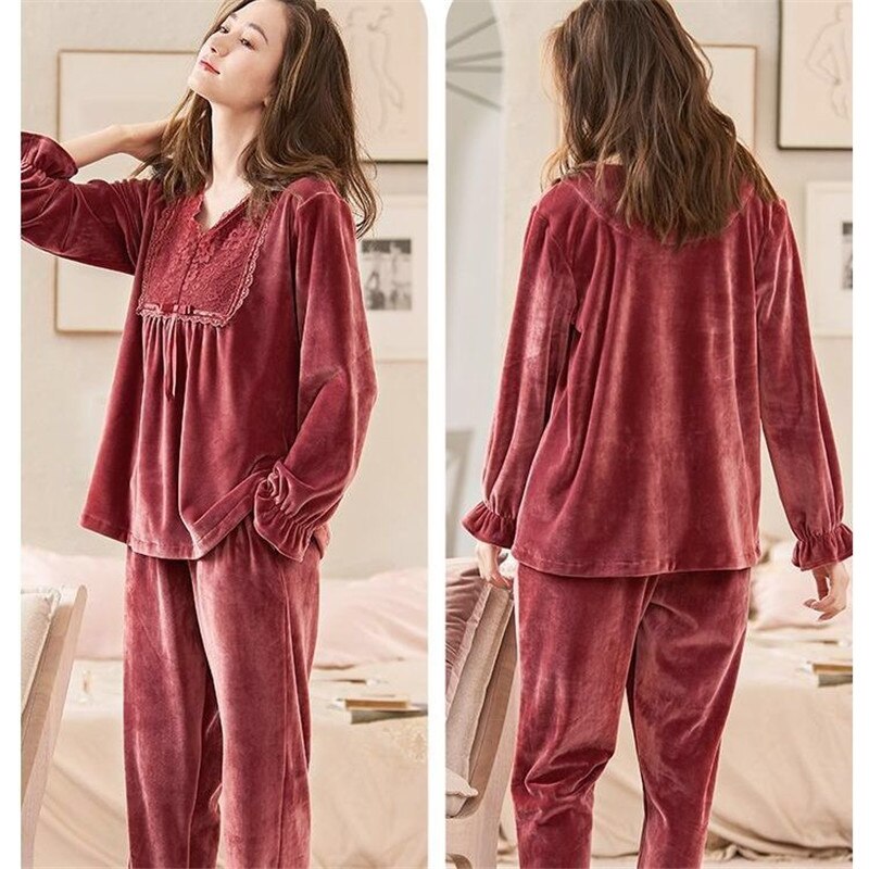 2 Piece Winter Flannel Pajamas Set For Women Long Sleeve Lace Women's Sleepwear Female Homewear