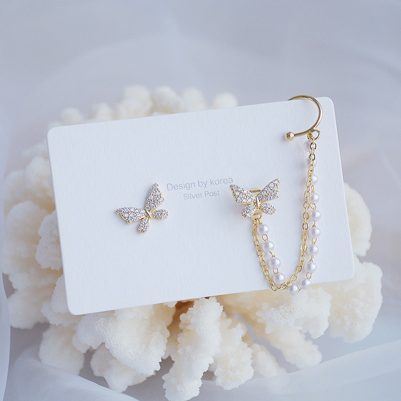 Coreano temperamento pérola borboleta orelha osso clipe brincos 14k real ouro bling delite zircon brinco casamento nupcial jóias