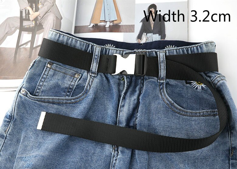 Cinturón largo con hebilla de lona de plástico para mujer, cinturón negro, rojo y blanco, correa para cintura femenina, pantalones vaqueros para niña: Black Width 3.2cm