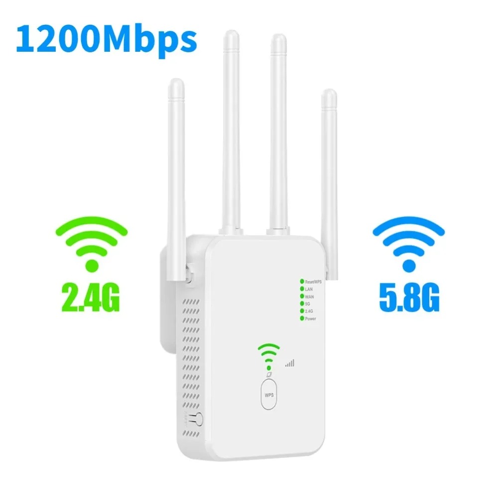 1200m wireless wifi repeater wifi extender long range wi-fi signal repeater dual-band 2,4g 5,8g high gain amplifier wps router: Black / Uk plug
