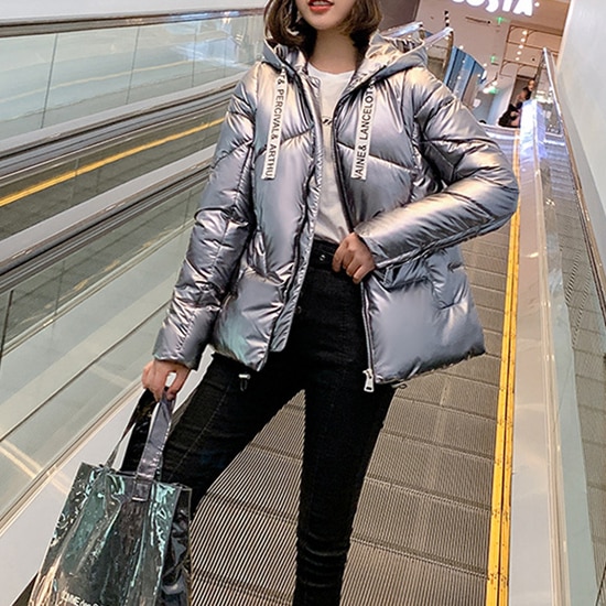 Winter Glossy Jacket Vrouwen Mode Bubble Jas Capuchon Gewatteerde Jas Streetwear Dames Gewatteerde Jas Zwarte Warme Jas