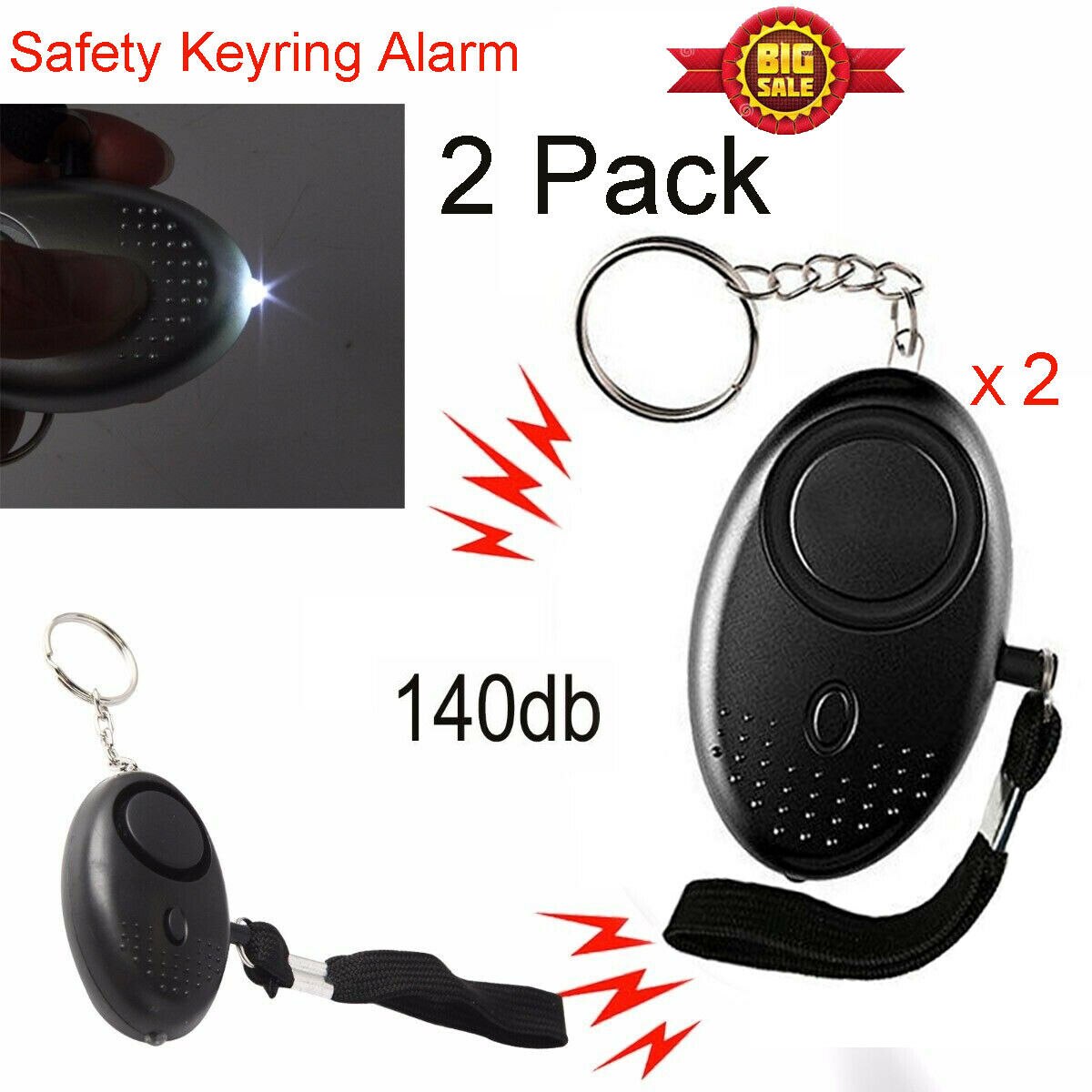 2 PCS Personal Alarm Rape Attack Panic Security 140dB Loud LED Keyring Alarms