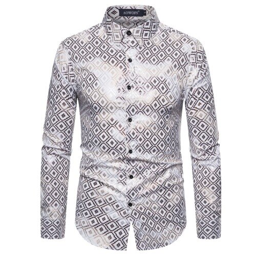 Chemise à manches longues pour homme, petit motif à carreaux, imprimé or, extensible, printemps: WHITE / XL