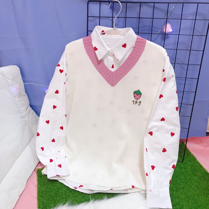 Camisola colete feminino sem mangas decote em v kawaii impresso tricô sólido lazer doce bonito estudantes escola streetwear roupas das mulheres