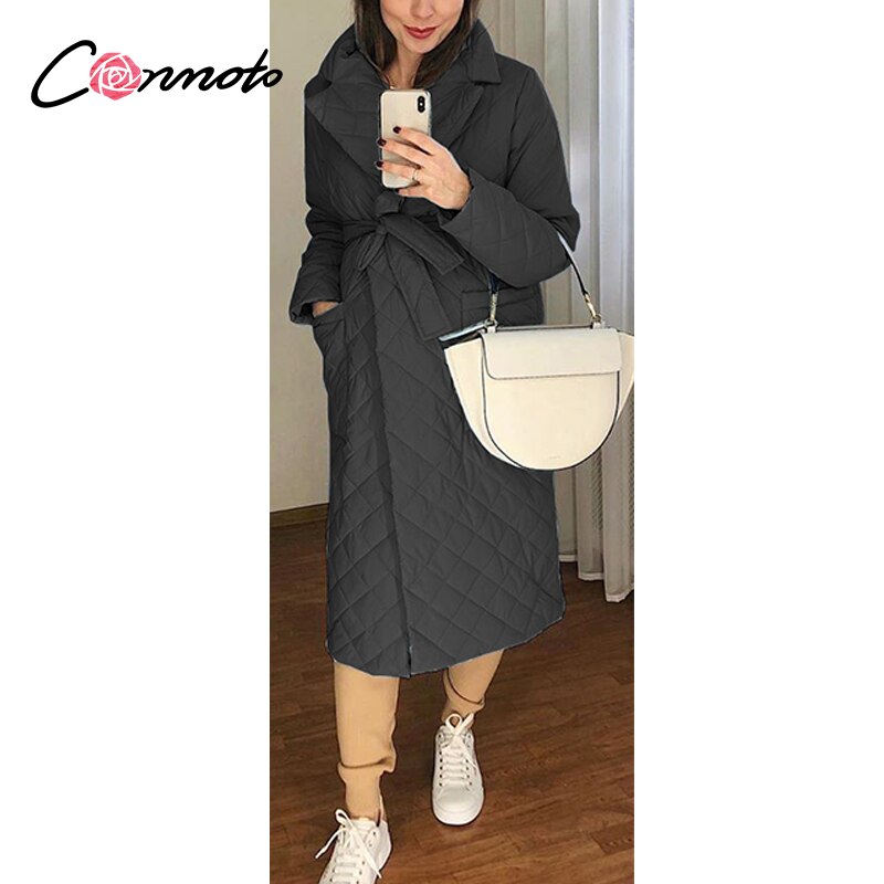 Conmoto Lange Rechte Jas Met Ruit Patroon Casual Sjerpen Vrouwen Winter Parka Diepe Zakken Maat Kraag Stijlvolle Bovenkleding: Black / M