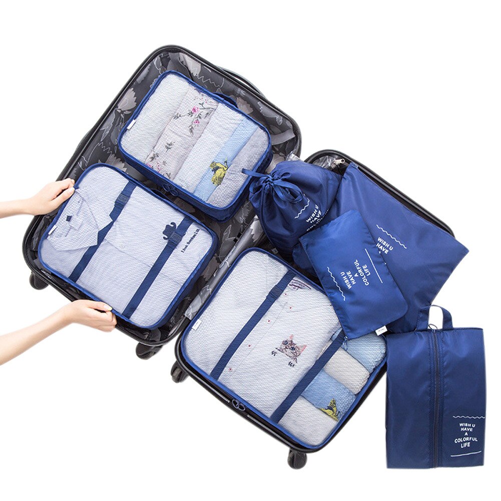 7Pcs Reistassen Waterdichte Verpakking Compressie Kleding Opbergtas Reizen Insert Case Set Bagage Organizer Pouch Verpakking Kubus: navy