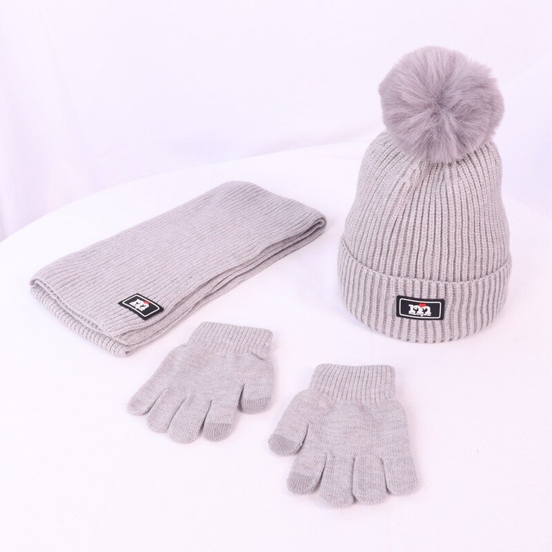 Børns vinter / efterår uld tredelt sweater cap til drenge og piger strikket varm hat tørklæde handsker sæt: Tredelt grå