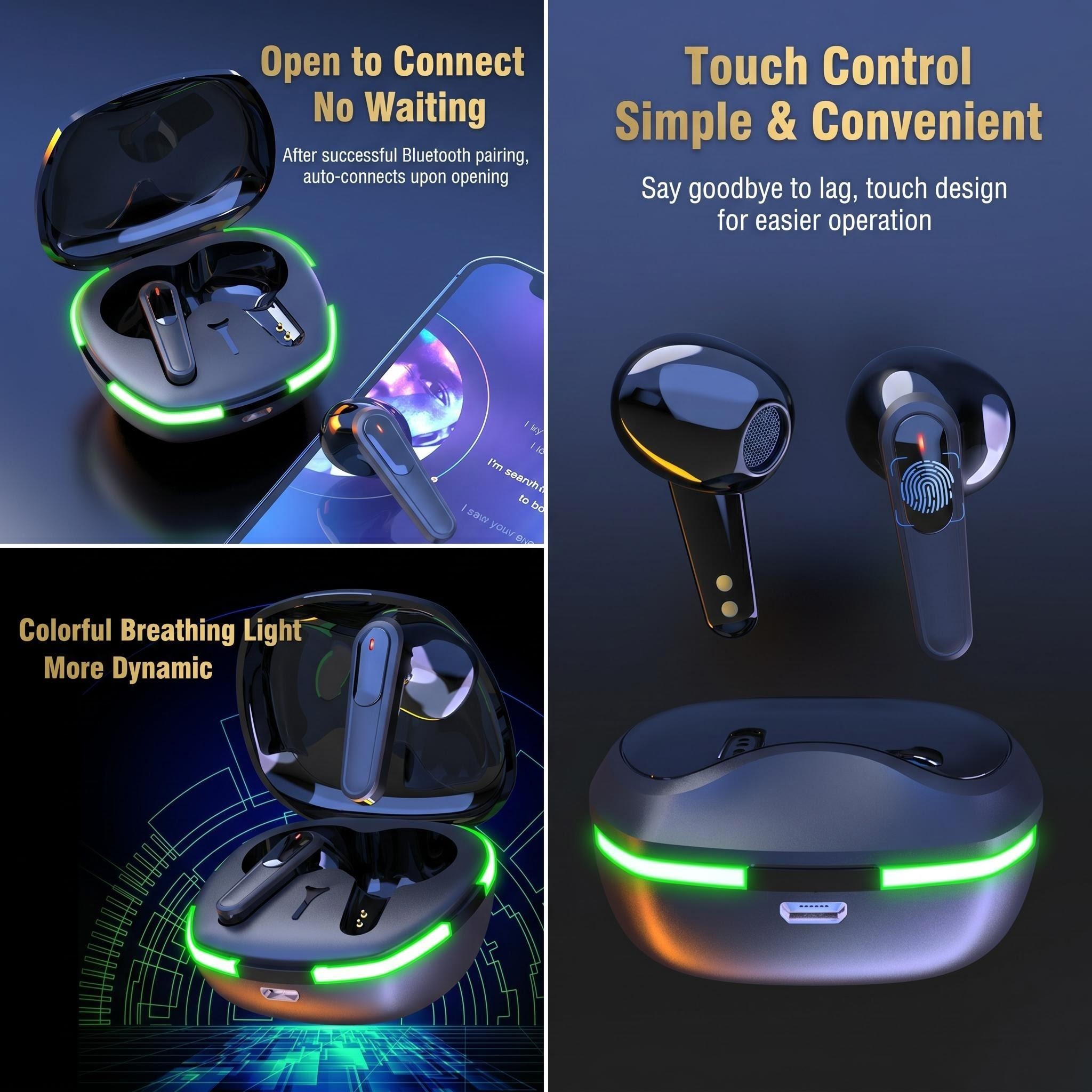 Pro 60 in- bluetooth-oortjes met stereogeluid en ademend lichteffect voor beide oren, draagbare draadloze headset