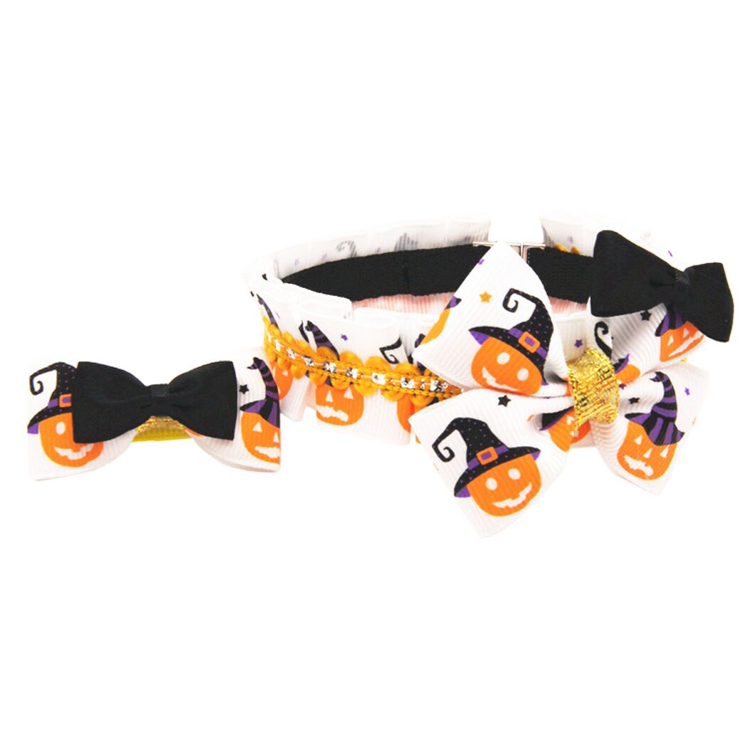 Halloween Halsband Makkelijk Op Pompoen Gedrukt Strik kraag en Haar Clip set met bowtie voor pet Huisdier kraag: L