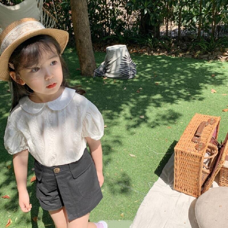 Blusa de encaje blanca para niñas, camisa de manga corta con farol para bebés, Verano