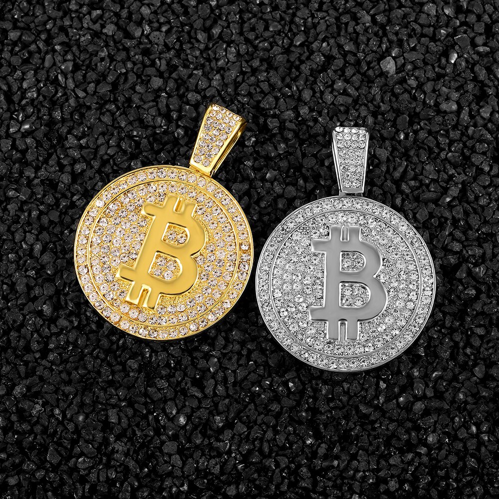 Novo iced para fora bitcoin pingente colar com 4mm corrente de tênis iced para fora bling corrente colar para homem strass cubano link chain