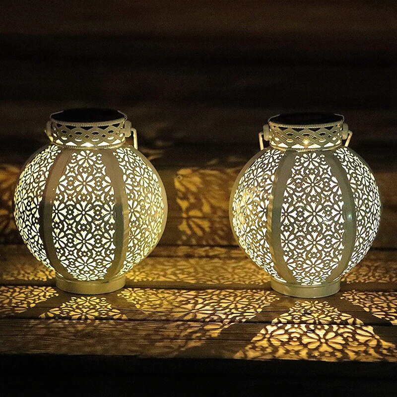 2 Pack Hanging Solar Lantern Metal Led Table Lamp Outdoor Solar Hollow-Out Lights with Handle, 6 Lumens, White