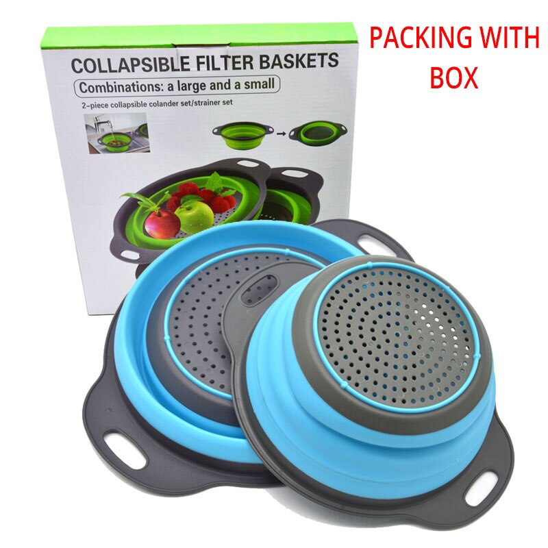 2 stk / sæt køkkenredskaber sammenfoldeligt silikone dørslag frugtgrøntsager vaskekurv sil sammenklappelig afløbspakke med kasse: Blå kasse