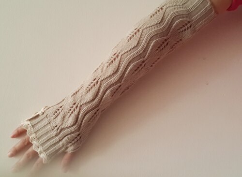 solid Lace knitted Fingerless Gloves Ballet Dance button glove burn out long Arm Warmers 7 colors #3706: beige