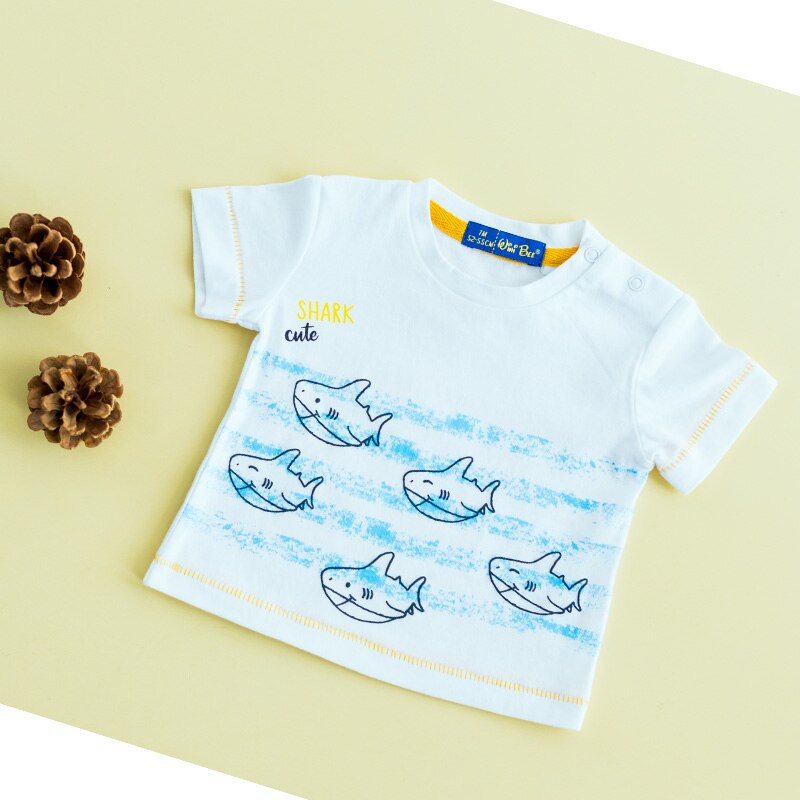 T-shirt à manches courtes pour bébé garçon, haut de dessin animé, imprimé requin, vêtements pour enfants, , en coton, blanc, 1-6 mois