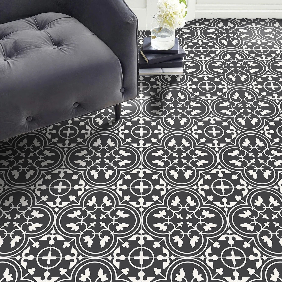 Moroccan Dark Grey Vinyl Floor Tile Sticker Panel Peel and Stick Decal Vinyl Floor Tile Sticker Floor decals Carreaux de Ciment