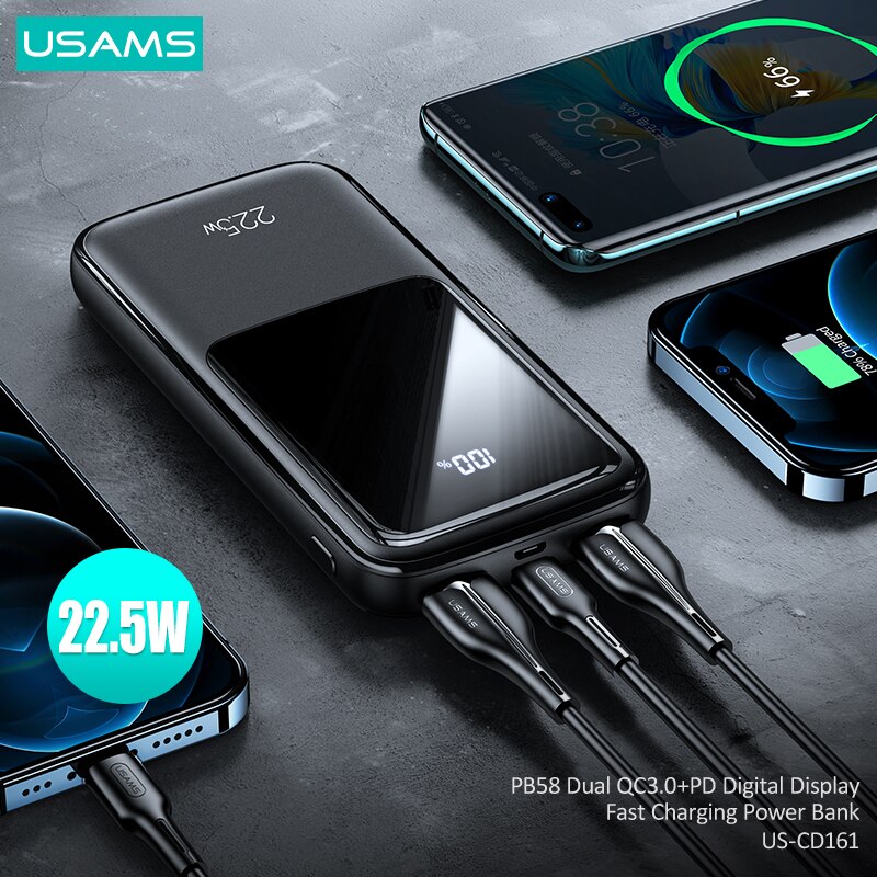 Usams  pd 22.5w schnelllade-powerbank mit digitalanzeige,  qc3.0 mah 10000 tragbarer externer akku für smartphone, tablet und laptop