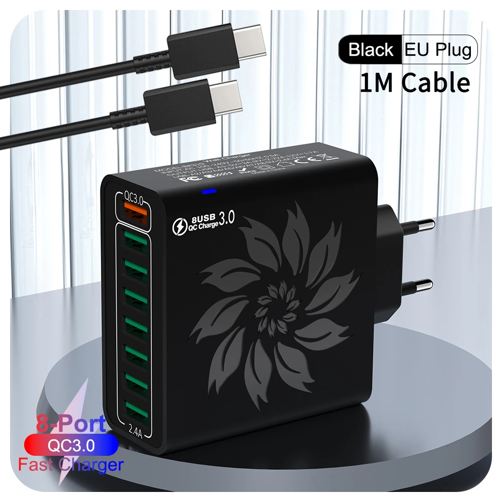 65W Huishoudelijke 8 Poorten USB-oplader met datakabel voor meerdere apparaten USB Snel opladen Muuradapter Quick Charge 3.0 Oplader: Donkergrijs