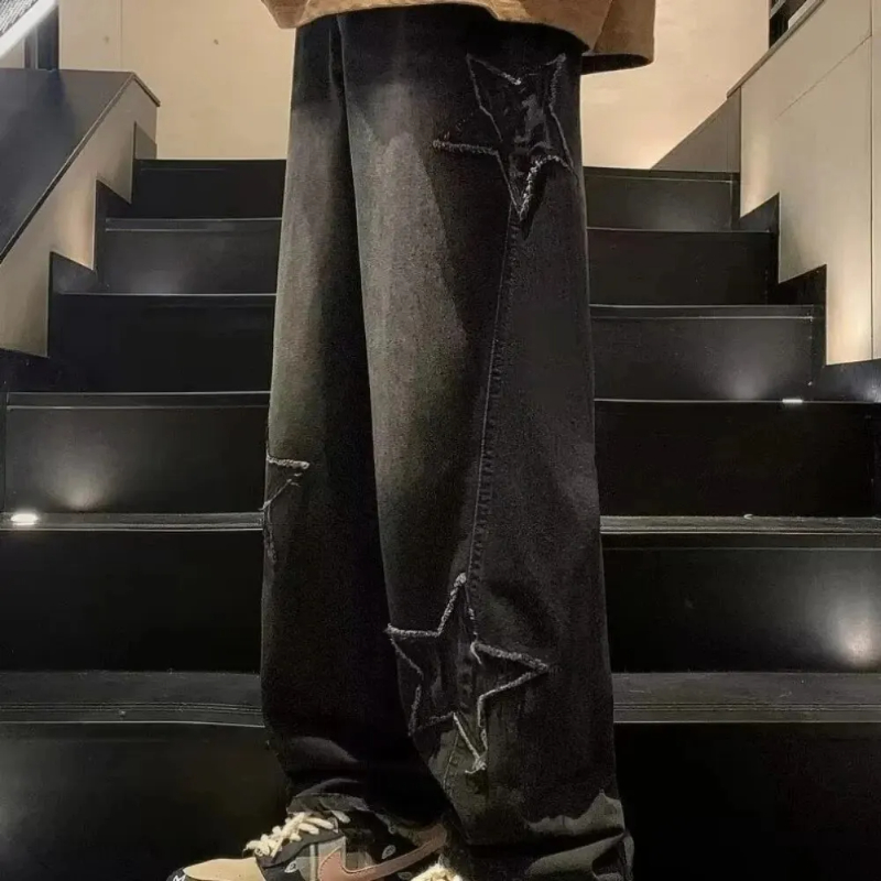 Y2k- stjernet broderi baggy casual jeans til mænd gotisk neutral brede ben lige bukser hiphop ungdom street denimbukser