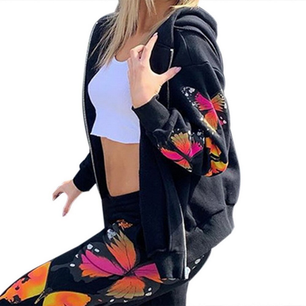 Ensembles de survêtement femmes Sweat à glissière pantalons de survêtement Joggers ensembles de vêtements de sport Streetwear Baggy pantalon de survêtement ample: coat  black / S